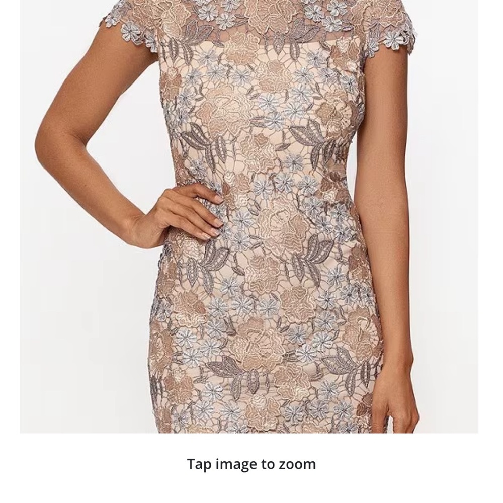 Xscape Sz 8, gold/silver (Tan/gray) short/cap slv , cktl or wedding gst dress.